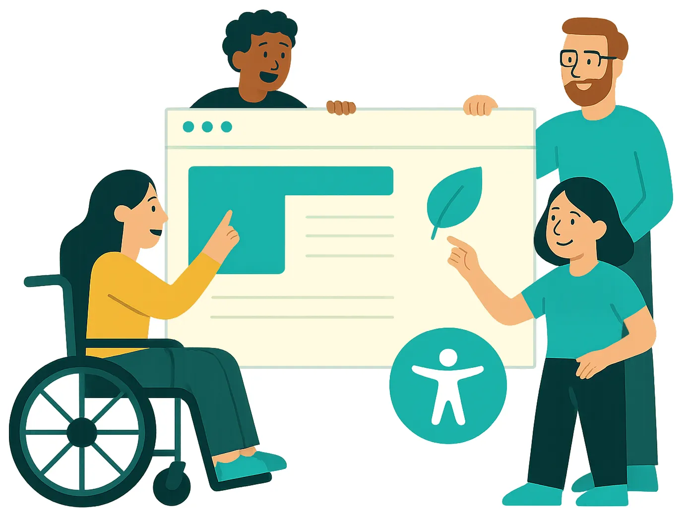 Illustration of people standing around a web browser, one person is in a wheelchair