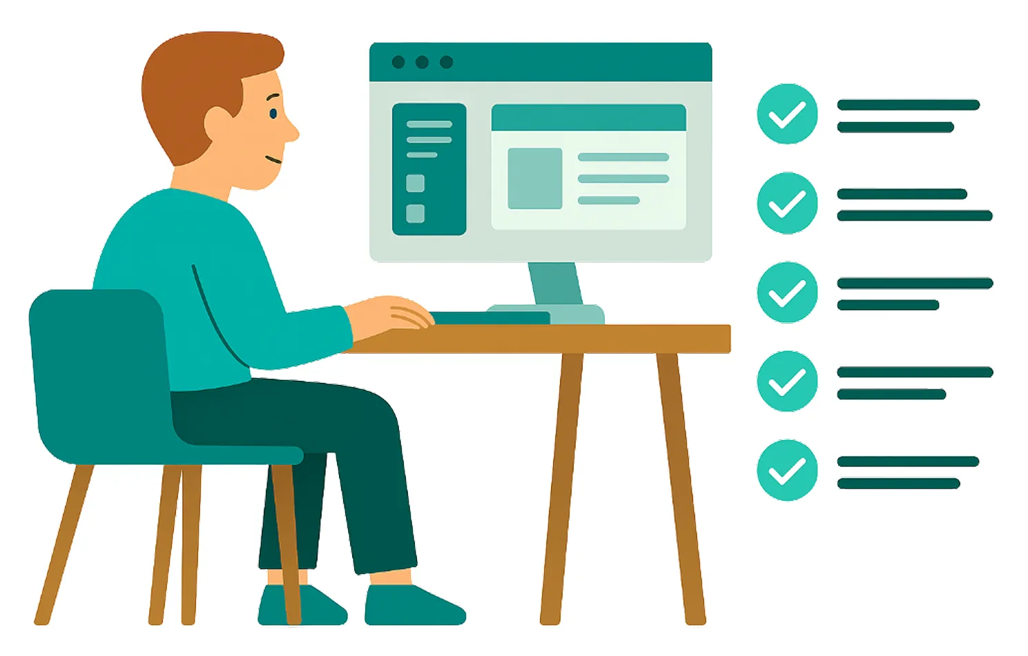 Illustration of a man sitting at a desk using a computer